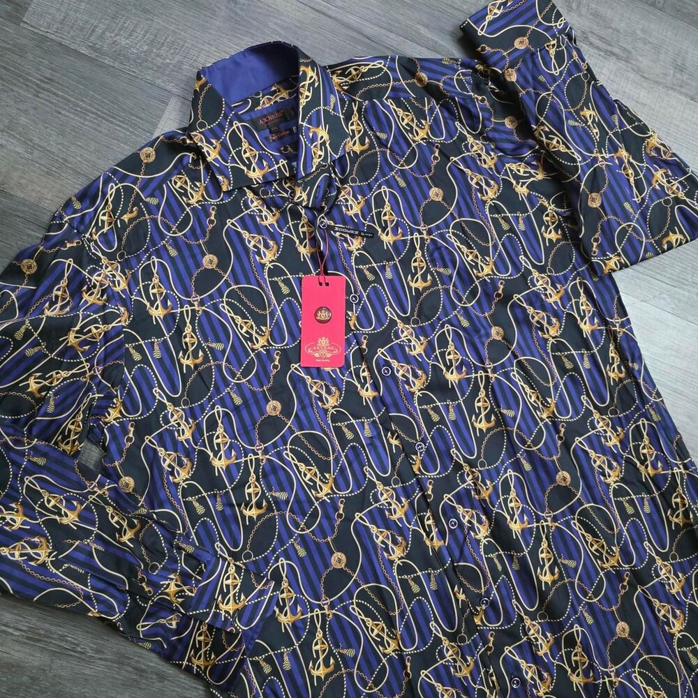 Axxess Men's Blue and Gold Nautical Print Size 2XL 100% Cotton